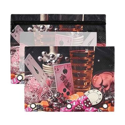 Wudan Federmäppchen mit 3 Ringen, Motiv: Weinglas, Kirsche, Poker, Rosa, Rosa, 2 Stück, transparent, wasserdicht, Kunststoff, mit Reißverschluss, Kosmetiktasche, Büro-Dokumenten-Organizer von Wudan