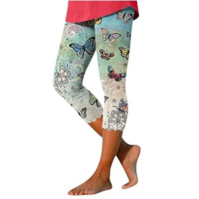 XCXC 3/4 Sporthose Damen High Waist Leggings Capri Blickdicht Yogahosen Bunte Blumen Jogginghose mit Taschen Laufhose Baumwolle Vintage Freizeithosekurze Leggings Damen von XCXC