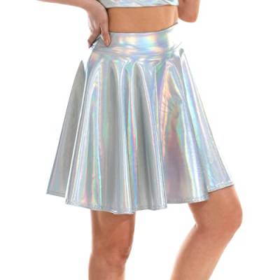 Metallic Rock Damen Metallischer Glänzender Rock Ausgestellter Faltenrock Taille Lederröcke Faltenrock Mädchen Skater Faltenrock Mini Rock Glitzer Rock Karneval Kostüm Silber Gold Glitzer (Clear-b, M) von XIAOTUZ