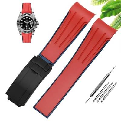 XIRIXX Wasserdichtes Gummi-Silikon-Armband, passend für Herren-Uhrenzubehör mit 20 mm und 22 mm Faltschließe (Color : Red black buckle, Size : 20mm) von XIRIXX