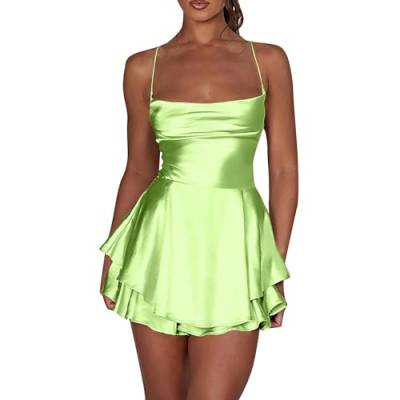 Damen Glitzer Partykleid Einfarbig Satin Minikleider Elegant Rückenfreies Ruched Kleid Spaghetti Club A-Linie Kleid Clubwear Festlich Outfit von Xiangdanful