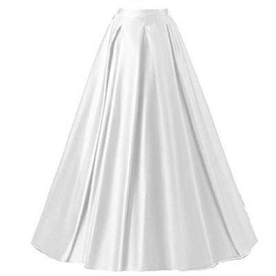 Xiongfeng®Damen A-Linie Satin Maxi Vintage Rock Hohe Taille mit Taschen Weiß,M von Xiongfeng