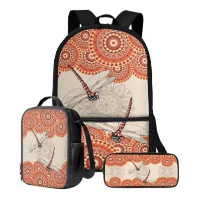 Xoenoiee Schulrucksack-Set mit 3 Stück, Teenager, Studenten, 43,2 cm, große Schultasche, Thermo-Lunchbox, Federmäppchen für Jungen und Mädchen, Boho Mandala Blume Libelle von Xoenoiee