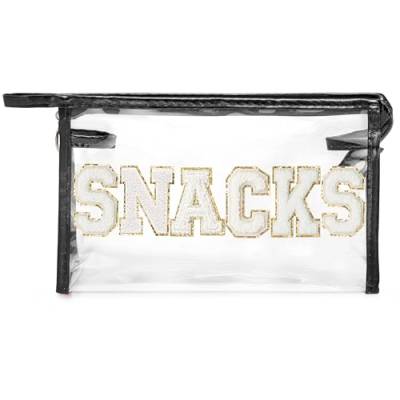 Y1tvei Große transparente Snack-Tasche – Adretter Aufnäher, weißer Chenille-Buchstaben, PVC, transparent, extra groß, Kosmetiktasche, tragbar, wasserdicht, Strand-Reise-Organizer, Kulturbeutel für von Y1tvei