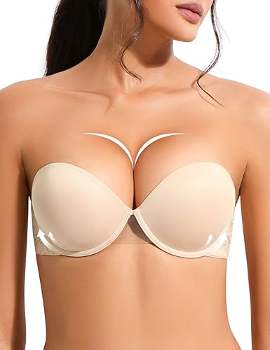 YANDW Push Up Trägerloser BH Multiway Super Gepolsterter Add 2 Cup Unterstützung mit Transparenten Trägern Bügel Spitze Demi BHS Nude 36A von YANDW