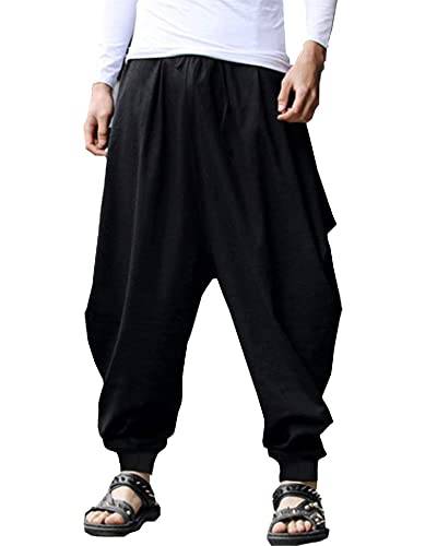 YAOHUOLE Herren Baumwolle Leinen Hose Baggy Casual Haremshose Weites Bein Kidoriman Hose Kordelzug Piraten Kostüm Hippie Kleidung, Schwarz , 31-35 von YAOHUOLE