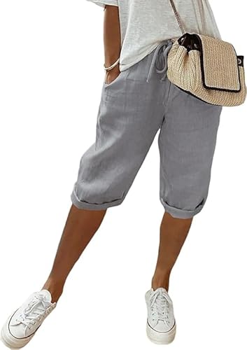 Sommerhose Damen Leicht leinenhose Sommer Kurze Hosen Luftig Hohe Taille Caprihose Einfarbig Strandhose Stoffhose Casual Pants (DE/NL/SE/PL, Alphanumerisch, 3XL, Regular, Regular, Standard, Grau) von YAQUEKOU