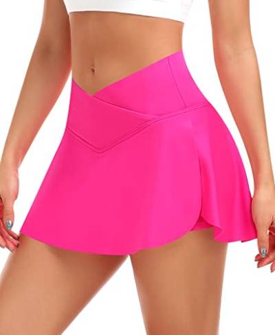 Plissierter Tennisrock Damen mit Unterhose Tennis Faltenrock Kurz Hosenrock Golf Sport Workout Running Rock Sommerrock Minirock (Rosarot, M) von YARRCO