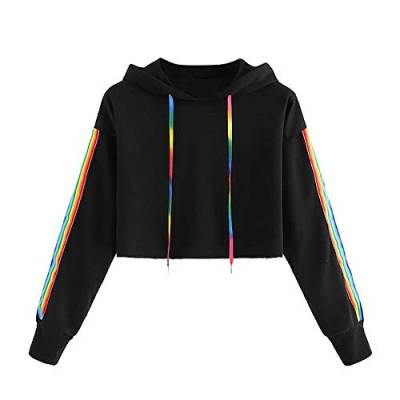 YEBIRAL Damen Sweatshirt, Mädchen Bauchfrei Pullover Streifen Rainbow Pulli Oberteile Mode Sport Crop Tops Casual Kurz Bluse Hoodie Kapuzenpullover(S,Schwarz) von YEBIRAL