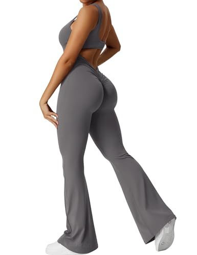 Yeoreo Jumpsuit Lizvette für Damen, sexy, rückenfrei, ausgestellt, figurbetont, Scrunch-Po, Yoga-Strampler, V-Ausschnitt, #1 Dunkelgrau, Large von YEOREO