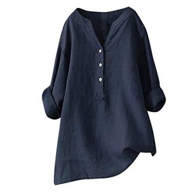 Leinenbluse Damen Sommer Leinen Bluse Damen Oberteile Damen Langarm Große Größen Hemdbluse Blusenkleid Damen Tunika V-Ausschnitt Langarmshirt Leinen Baumwolle Hemd Knopf Einfarbig (Navy #6, XXXL) von YLLQXI