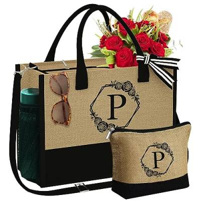 YOOLIFE Initiale Jute-Strand-Reisetasche & Make-up-Tasche mit Reißverschluss, verstellbarer Riemen, personalisiertes Geburtstagsgeschenk für Frauen und sie, gelb, P von YOOLIFE