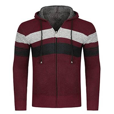 YOUTHUP Herren Strickjacke mit Kapuze Fleece Gefüttert Winter Cardigan Strick Fleecejacke Reißverschluss Kapuzenjacke, Weinrot, M von YOUTHUP