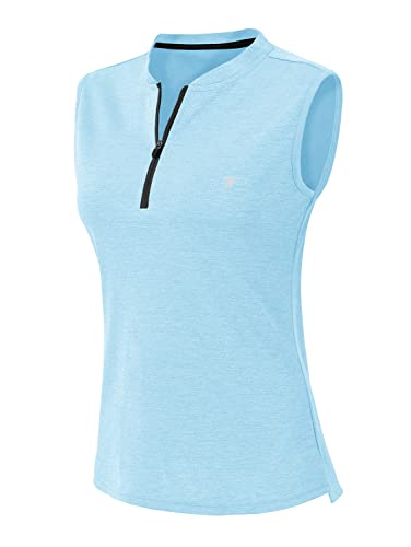 YSENTO Damen Dry Fit Tennis Golf Shirts Reißverschluss Ärmellos Kragenlos UPF 50+ Yoga Gym Workout Tops Shirts, Wassersee blau, Mittel von YSENTO