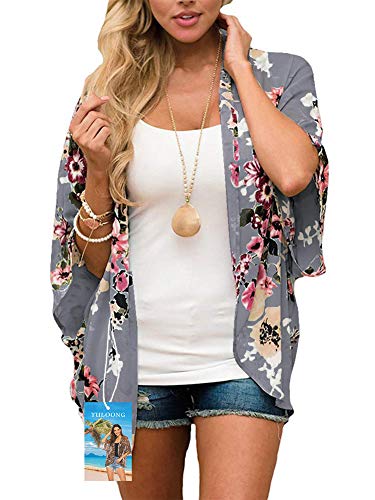 YULOONG Damenmode Bademode Vertuschung Chiffon Blumendruck Kimono Lose Schal Strickjacke Sommer Bluse Bademode Capes, Dunkelgrau, M von YULOONG