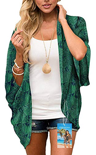 YULOONG Damenmode Bademode Vertuschung Chiffon Blumendruck Kimono Lose Schal Strickjacke Sommer Bluse Bademode Capes,Grünes Blatt,M von YULOONG