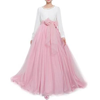 Langer Maxi-Tüll-Rock für Damen, bodenlang, A-Linie, Gürtel mit Schleife, hohe Taille, für Hochzeit, Party, Ausgehabend, personalisierbar - Pink - 16/26W von YULUOSHA