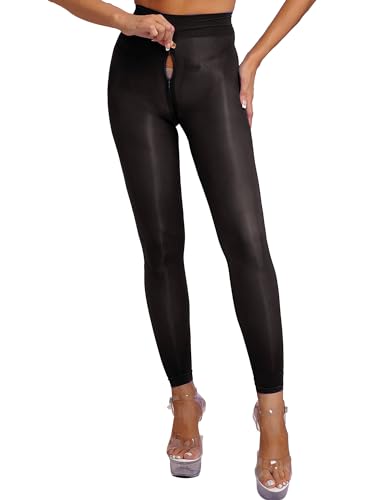 YUUMIN Transparent Strumpfhose Damen Sexy Stretch Pantyhose Reißverschluss Im Schritt Glossy Leggings Mit Fuß Stretch Pants Tight Party Clubwear Schwarz B XL von YUUMIN