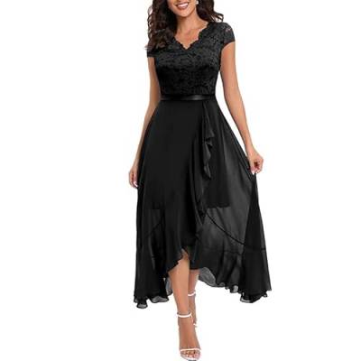 YWKT Abendkleider Elegant Vintage Blume Spitze Kontrast Plissierte Spaltung Langes Brautjungfer Abendkleid Party Kleid (Schwarz,XL) von YWKT