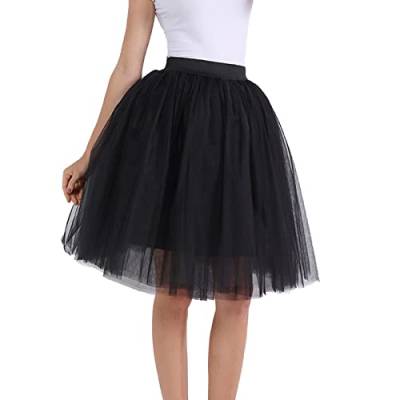 YWLINK Damen Tüllrock Knielang Tüll Tutu Rock Unterrock mit Schleife Für Karneval Damen Tüllrock 50er Rockabilly Petticoat Tutu Unterrock Kurz Ballett Tanzkleid (Black, XXL) von YWLINK