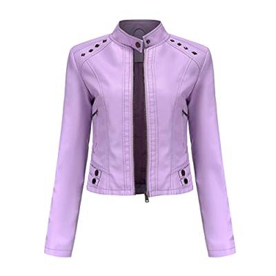 YYNUDA Damen Lederjacke Kurz Bikerjacke Stehkragen Reißverschluss Leder Jacke Übergangsjacke für Herbst Frühling（Lila XL） von YYNUDA