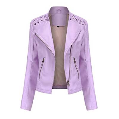 YYNUDA Lederjacke Damen Kurz Bikerjacke Reverskragen Motoradjacke Leder Jacke Übergangsjacke für Frühling Herbst（Rosa1 3XL） von YYNUDA