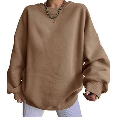 Yassiglia Oversize Pullover Damen Elegant Sweatshirt ohne Kapuze Fleece Oberteile Herbst Winter Verdickt Warm Pulli Y2K Hoodie für Teenager Mädchen (Kamel, S) von Yassiglia