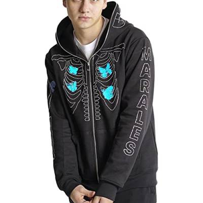 Yassiglia Unisex Sweatjacke Damen Herren Y2K Zip Up Hoodie mit Reißverschluss Dünn Fleece Pullover mit Kapuze Halloween Kostüm Gruselig Lustig Casual Oversize (Schwarz Blau, S) von Yassiglia