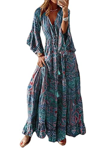 Yegirlzs Damen Elegant Sommerkleider V Ausschnitt Maxikleid Rüschen Blumen Boho Lange Kleid Hohe Taille Ärmellose Freizeitkleid A Blau L von Yegirlzs