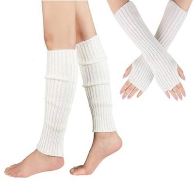 Winter Langer Beinstulpen Armstulpen handschuhe Set Damen Wärmer Fingerlose Handschuhe Elastische Strickhandschuhe Frauen Mädchen Gestrickte Socken… (ONESIZE, Weiß) von Yemlarey