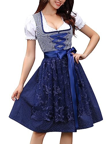 YesPerfect Dirndl Damen Trachtenkleid Kurz Set Dirndl-Komplettset Midi 3tlg. für Oktoberfest inkl. Kleid, Bluse, Schürze (Verpackung MEHRWEG), A-Dunkelblau, 36 von YesPerfect