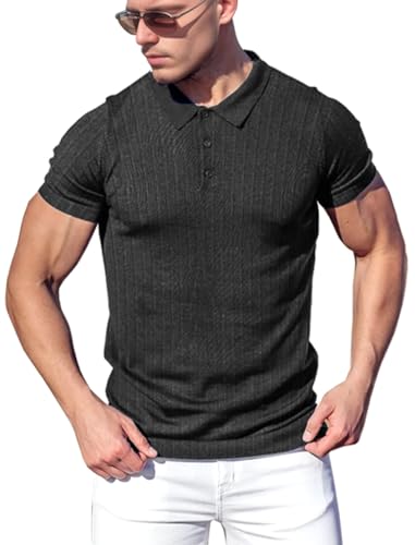 Poloshirt Herren Langarm & Kurzarm Baumwolle Golf T Shirt ，Männer Muskel Pullover Hemd ，Slim Fit Casual Tops Schwarz, 2XL von Yewloch