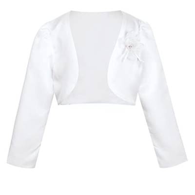 YiZYiF Baby Kinder Bolero Jacke Zum Festlich Hochzeit Mädchen Satin Schulterjacke Langarm Jäckchen Elfenbein/Weiß/Beige/Rosa Weiß 80-86 von YiZYiF