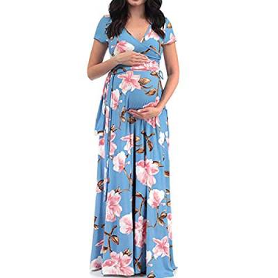 YiZYiF Damen Elegant Umstandskleid Festlich V-Ausschnitt Floral Muster Maxikleid Schwanger Umstandsmode Kleidung Kleid für Hochzeit Urlaub Sommer Blau M von YiZYiF
