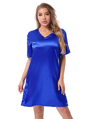 YiZYiF Damen Satin Nachthemd Kurzarm V-Ausschnitt Nachtkleid mit Knopfleiste Schlafanzug Pyjama Kleid Hauskleidung Königsblau XXL von YiZYiF