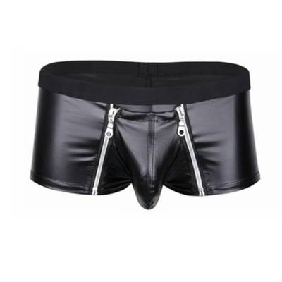 YiZYiF Herren Boxer Boxershort Unterhose Lack-Optik Ledershort Pants Hose Trunk mit Zipper Bulge Beutel Gr. M L XL XXL Schwarz Medium von YiZYiF