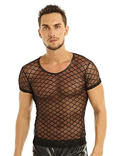 YiZYiF Herren Unterhemd aus Mesh Transparent Unterwäsche Muskelshirt Stretch T-Shirt Tops Clubwear M-3XL (L, Leder&Netz Schwarz) von YiZYiF