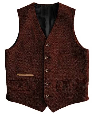 Yiaisafa Business Herren Tweed Anzug Weste Herringbone Jaged Weste Vintage Retro Wollen Hochzeit Bräutigam Gilet S-3XL(Orange,XXL) von Yiaisafa