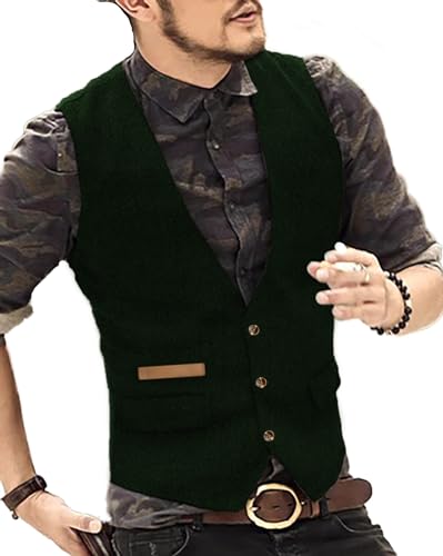 Yiaisafa Classic Herren Jaged Tweed Weste Retro Herringbone Anzug Weste Vintage Wollen Hochzeit Bräutigam Gilet Westen(Dunkelgrün,L) von Yiaisafa