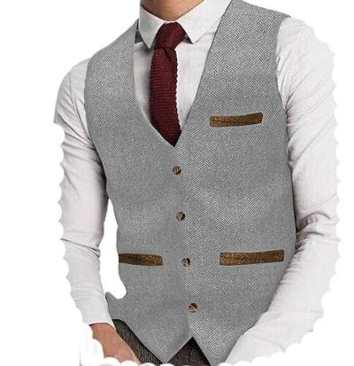 Yiaisafa Herren Tweed Anzug Weste Jaged Herringbone Weste Vintage Retro Wollen Hochzeit Bräutigam Gilet S-3XL(Silber,XXXL) von Yiaisafa