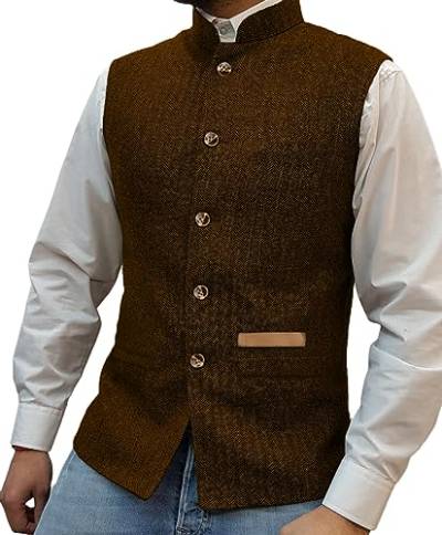 Yiaisafa Jaged Herren Stand-Up Kragen Tweed Westen Retro Herringbone Weste Vintage Hochzeit Gilet Wollen Bräutigam S-3XL(Orange,L) von Yiaisafa