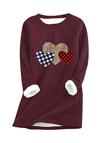 Yming Damen Winter Warm Sweatshirts Rundhals Pullover Herz Teddy Fleece Langarm Pullover Bordeaux 3XL von Yming