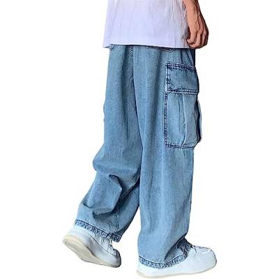 Yokbeer Baggy Jeans Herren Jeans Men Hip Hop Jeans Baggy Jeanshose Teenager Jungen Bein Jeans Skateboard Hose Streetwear (Color : Blue, Size : XL) von Yokbeer