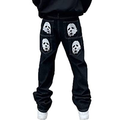 Yokbeer Bedruckte Baggy Jeans für Herren Hip Hop Jeans Y2K Straight Jeans Washed Denim Pants Vintage Jean Pants Skateboard Pants Teen Boy Streetwear (Color : Schwarz, Size : XL) von Yokbeer
