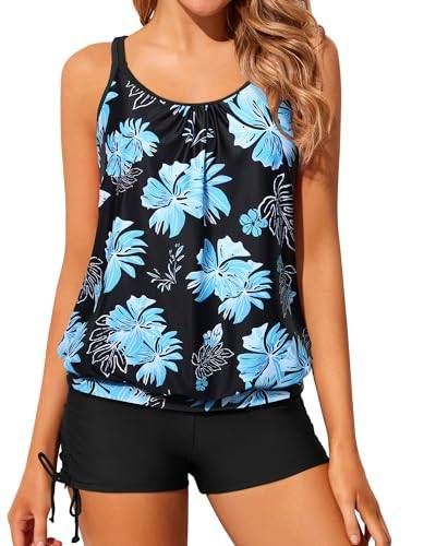 Yonique Damen Blouson Tankini Badeanzüge Zweiteiliger Träger-Badeanzug Tops mit Shorts Criss Cross Bademode, Schwarz-blaues Blumenmuster, S von Yonique