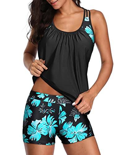 Yonique Zweiteilige Tankini Badeanzüge T-Rücken Blouson Badeoberteile mit Jungen Shorts Damen Badeanzüge sportliche Bademode, Blumenmuster in Schwarz und Grün, XL von Yonique