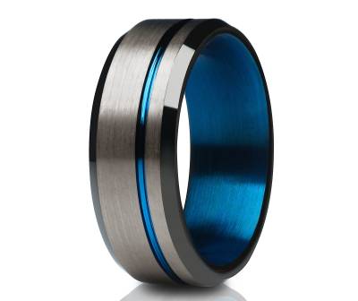 Blauer Ehering, Rotguss Schwarzer Wolfram Ring, Jubiläumsring, Verlobungsring, Unikat Hartmetall Flach von YorksJewelryDesign