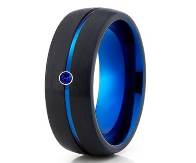Blauer Saphir Ehering, Schwarzer Wolfram Ring, Hartmetall Ring, Einzigartiger Ehering, Herren & Frauen, Blauer Ring, Schwarzes Band von YorksJewelryDesign