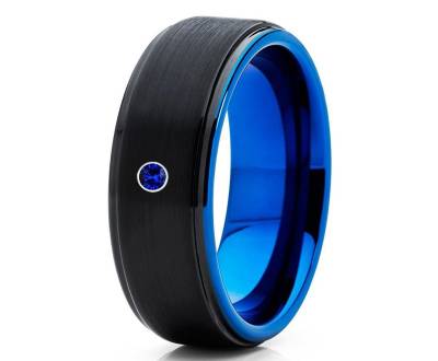 Blauer Saphir Ehering, Schwarzer Wolfram Ring, Verlobungsring, Herren & Frauen, Schwarzer Ehering, Hartmetall Ring, Comfort Fit Ring, Brush von YorksJewelryDesign