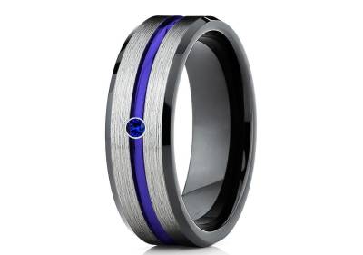 Blauer Saphir Ring, Schwarzer Wolfram Ehering, 8mm Ehering, 6mm Ehering, Silber Ring, Verlobungsband von YorksJewelryDesign